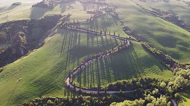 无人机拍摄的意大利托斯卡纳山上蜿蜒的道路视频素材