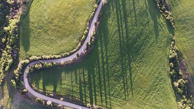 无人机拍摄的意大利托斯卡纳山上蜿蜒的道路视频素材