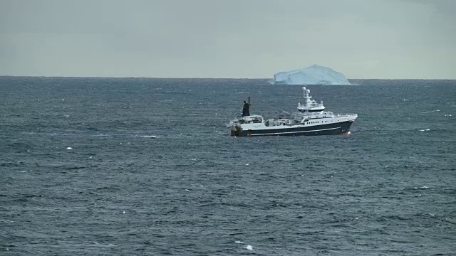 北极海域的拖网渔船和冰山视频素材