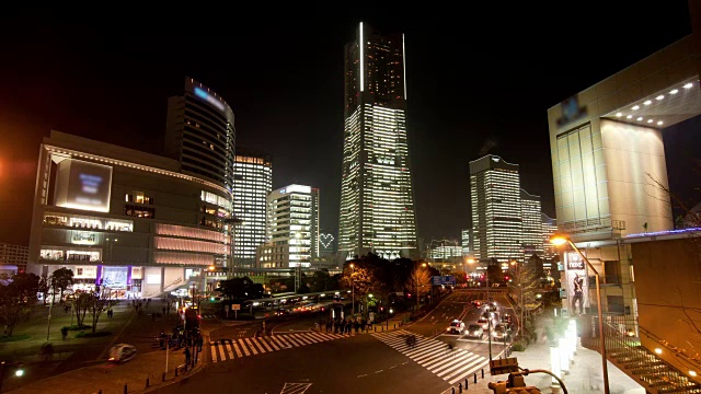 日本横滨港人未来21号晚上视频素材