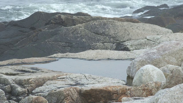 靠近岸边岩石的角度。潮间带水坑。可能是海滩。可能是湖泊或海洋。视频素材