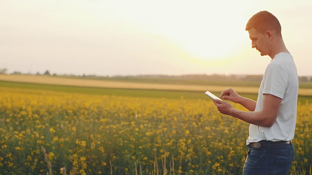 .Agriculture技术。年轻的农民使用数字平板电脑。视频下载