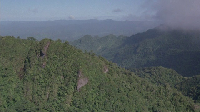 浓密的热带雨林覆盖着斐济群岛的山区。视频素材