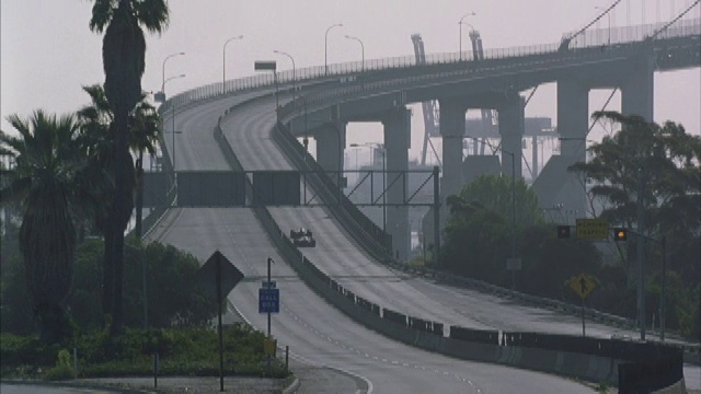 两辆印地车驶过棕榈树，驶向公路上的一座桥。视频素材