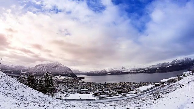 时间流逝:冬季景观雪山。挪威罗浮敦群岛视频下载