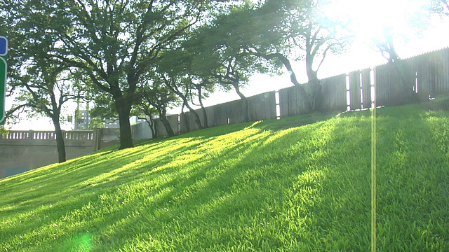 MS，阳光透过篱笆的Grassy Knoll，迪利广场，达拉斯，德克萨斯州，美国视频素材