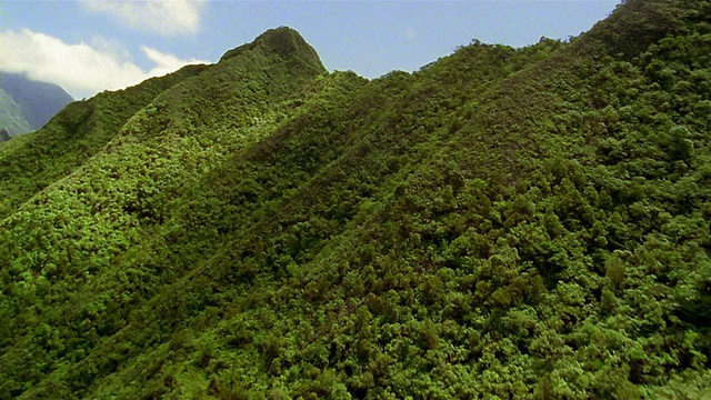 宽镜头空中拍摄陡峭的绿色山脉与雾蒙蒙的天空背景/夏威夷视频素材