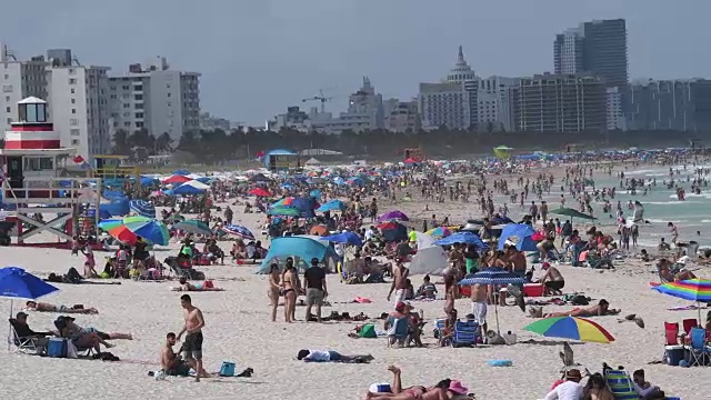 迈阿密海滩，佛罗里达:在白色的沙滩和蓝色的海水的热带海滩上，游客和当地人享受着典型的热带天气视频素材