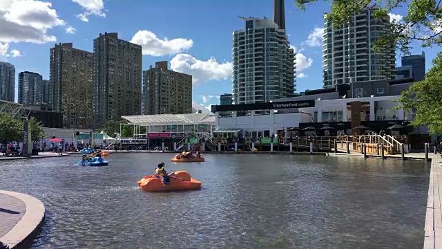 加拿大多伦多:海滨中心的“Natrel溜冰场”，真正的人们在夏天享受水上自行车。由于有许多娱乐选择，该市的海滨是一个旅游景点。视频素材