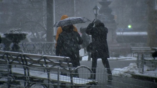 广角拍摄的人走过公园在雪天/纽约市视频素材