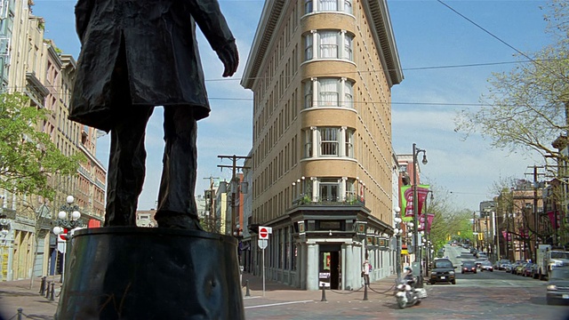 低角度广角雕像燃气杰克面对欧洲酒店/ Gastown /温哥华视频素材