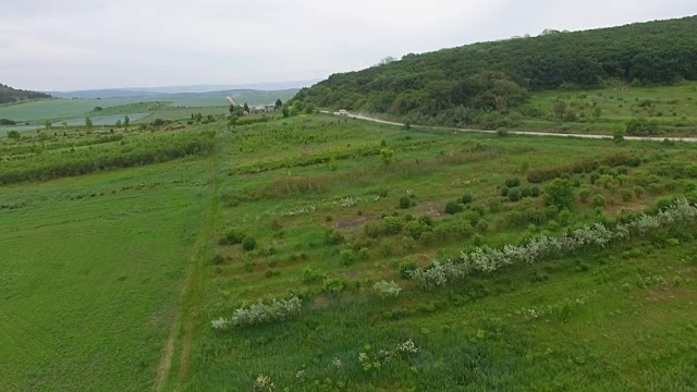 从空中俯瞰山间的绿色山谷视频素材