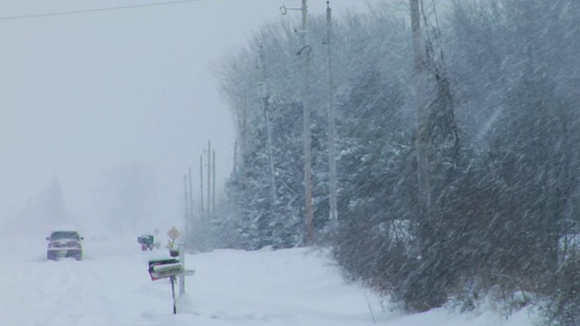 WS PAN卡车在暴风雪期间行驶在道路上/霍顿维尔，威斯康星州视频素材