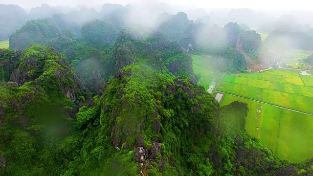 越南宁平省Tam Coc喀斯特地层和稻田的无人机视图视频下载