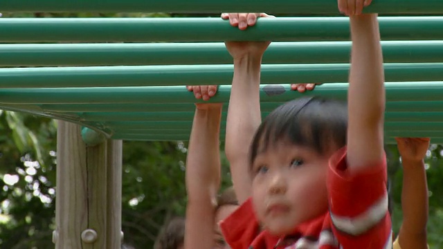 一群不同的孩子在操场上的单杠上荡秋千/里士满，弗吉尼亚州视频素材