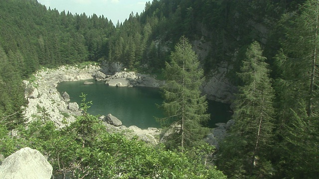 WS, HA, Crno湖周围的岩石和常青树，特里格拉夫湖山谷，特里格拉夫国家公园，戈伦伊斯卡，斯洛文尼亚视频素材