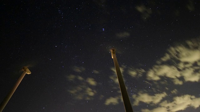 美国加州棕榈泉，夜晚的星星和云在风力涡轮机上移动视频素材