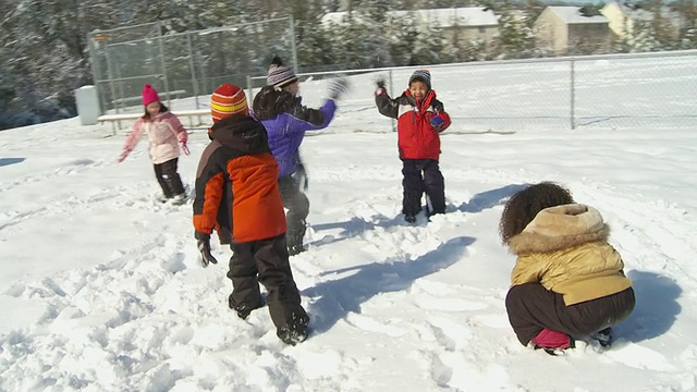 五个孩子(4- 5,6 -7)在打雪仗，里士满，弗吉尼亚州，美国视频素材