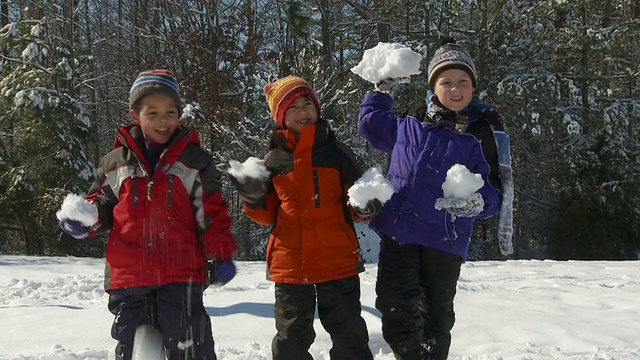 三个男孩(4- 5,6 -7)在打雪仗，里士满，弗吉尼亚州，美国视频素材