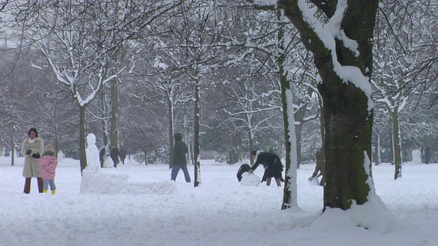 在伦敦维多利亚公园，成年人和孩子们在雪中玩耍，堆雪人和雪球视频素材