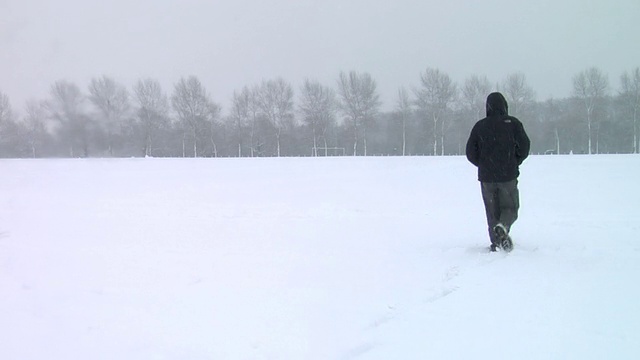 在伦敦白雪覆盖的维多利亚公园里，WS人从镜头前走过一片广阔的田野视频素材