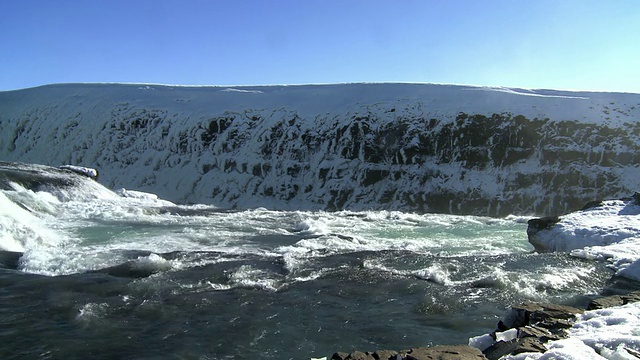 在冰岛的海湾瀑布和雪山的背景视频下载