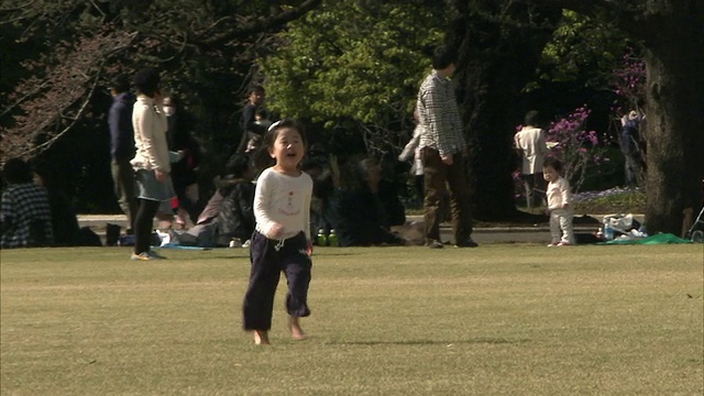 在日本东京的公园里，女孩跑向父亲视频素材