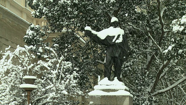 欧内斯特沙克尔顿的雕像覆盖在雪中，伦敦，英国视频素材