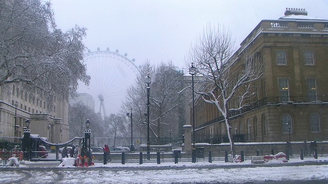 英国伦敦，WS白雪街道，远处有伦敦眼视频素材