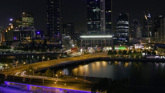 澳大利亚维多利亚州墨尔本，夜间雅那河畔的城市天际线和摩天大楼视频素材