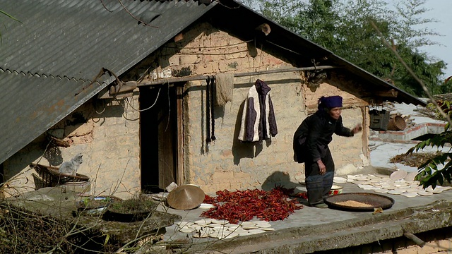 中国云南元阳，传统小屋外晒着红辣椒，哈尼族妇女拿着编织托盘走出来视频素材