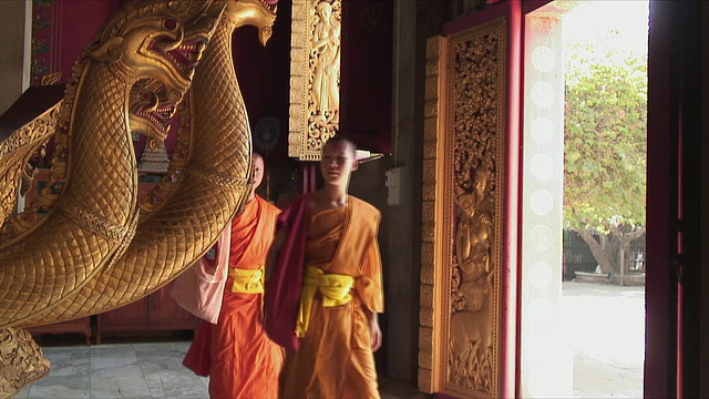 老挝琅勃拉邦，游客与僧侣在寺庙拍照视频素材