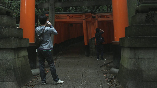 日本京都，两名男子拍摄鸟居门的后视图，通向Fushimi Inari Taisha神社内部视频素材