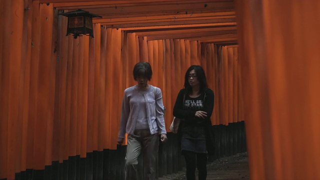 日本京都，两名妇女走在鸟居门下，通往Fushimi Inari Taisha神社内视频素材