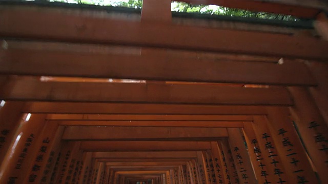 日本京都，从鸟居门下走到Fushimi Inari Taisha神社内视频素材