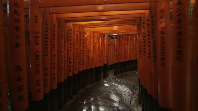 日本京都，从鸟居门下走到Fushimi Inari Taisha神社内视频素材