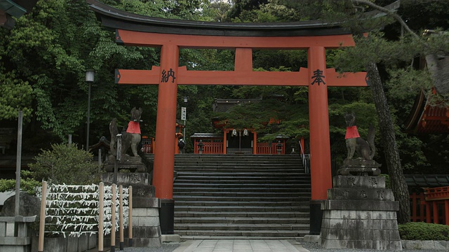 WS和尚走在鸟居门前，两侧是狐狸的石像(Kitsune)在Fushimi Inari Taisha神社，日本京都视频素材