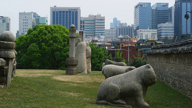 韩国首尔三陵公园，朝鲜王朝，背景中的城市天际线，皇家陵墓的MS雕塑视频素材