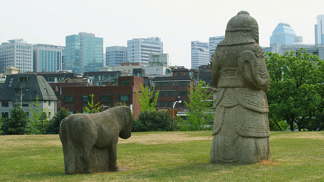 韩国首尔Samneung公园，朝王朝，城市天际线背景中的皇家墓雕塑的背面视频素材