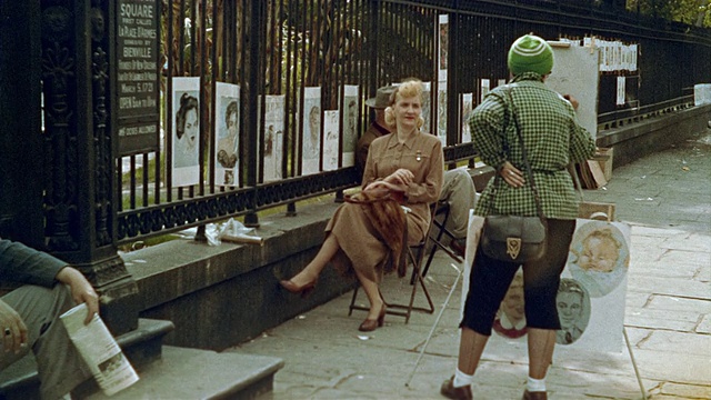 1959年，美国路易斯安那州新奥尔良市，WS街艺术家在杰克逊广场为女性画像视频素材