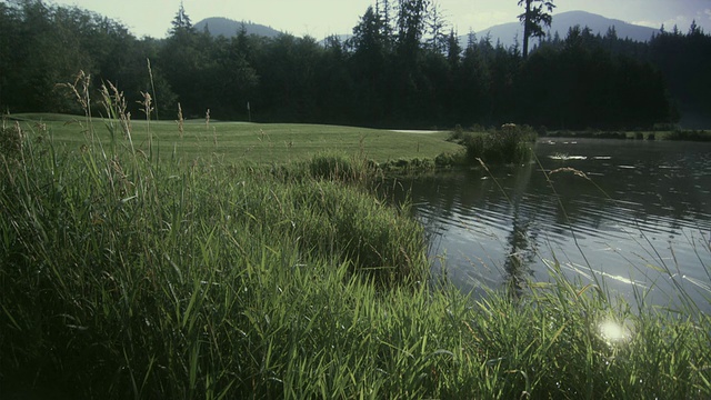 加里波第温泉高尔夫球场与池塘/ Squamish，不列颠哥伦比亚省，加拿大。视频素材