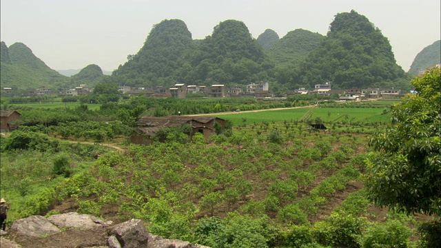 中国广西壮族自治区桂林，农民扛着锄头，在远处的山上视频素材