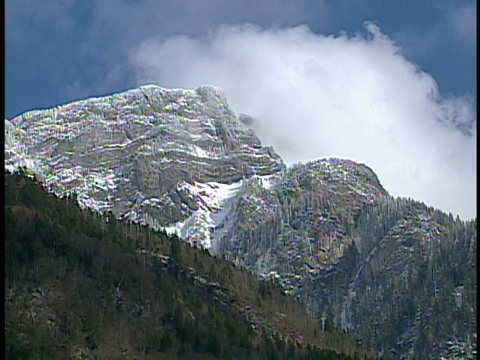 广角镜头白雪覆盖的山脉与云彩盘旋在背景/瑞士视频素材