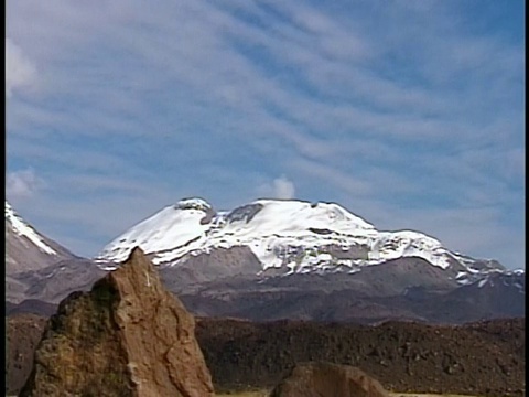 宽镜头，白雪皑皑的山脉和小烟柱从火山/秘鲁逃逸视频素材