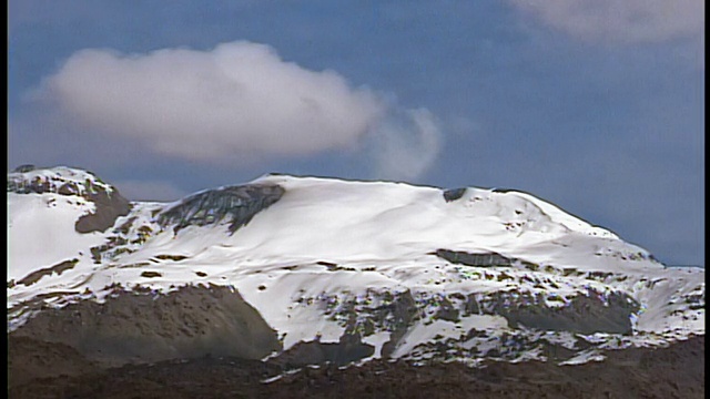 宽镜头，白雪皑皑的山脉和小烟柱从火山/秘鲁逃逸视频素材