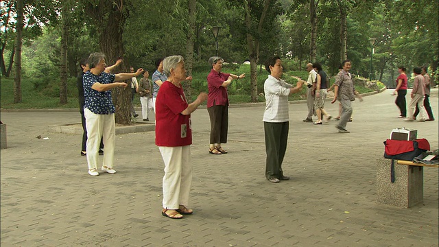 WS ZI MS老年妇女群在玉渊潭公园锻炼，中国北京视频素材