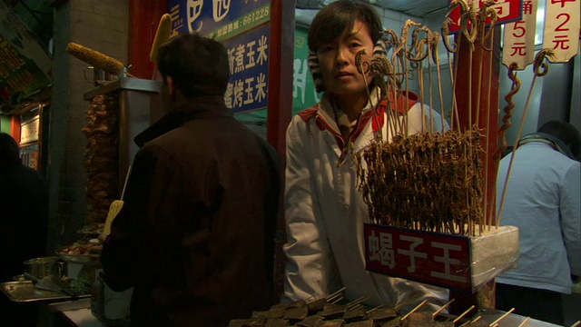 中国北京，前景中，MS市场上的一名小贩戴着用木棍粘着干海马的耳套视频素材