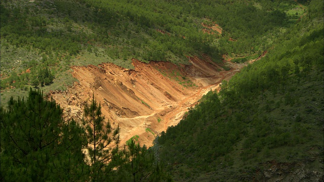 WS HA干河床在两个绿色山丘之间的山谷，丽江，云南，中国视频素材