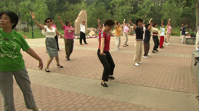 中国北京，玉渊潭公园，一排排的妇女在表演舞蹈视频素材