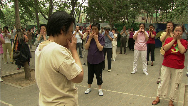 中国北京玉渊潭公园，一群人在晨礼中揉脸视频素材